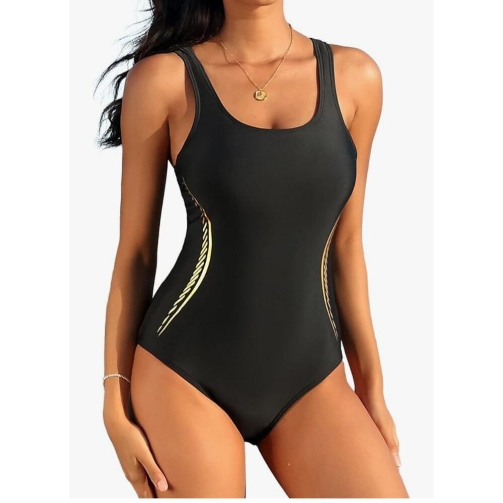 Womens One-Piece Black Swimsuit Built-In Bra & Racerback Size Medium UPF 50 Pool